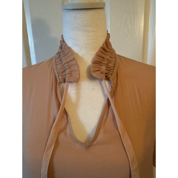 RO & DE Peach Hi Lo Ruffle Drawstring Neck Silky Polyester Top Size L - Picture 2 of 9